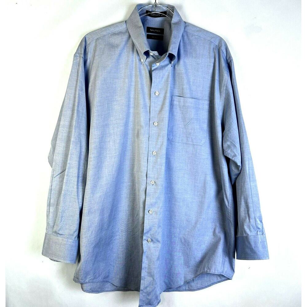 Nautica Blue Button Down Collar Shirt Men's 17 32/33 Dress Shirt 2 Ply Cotton